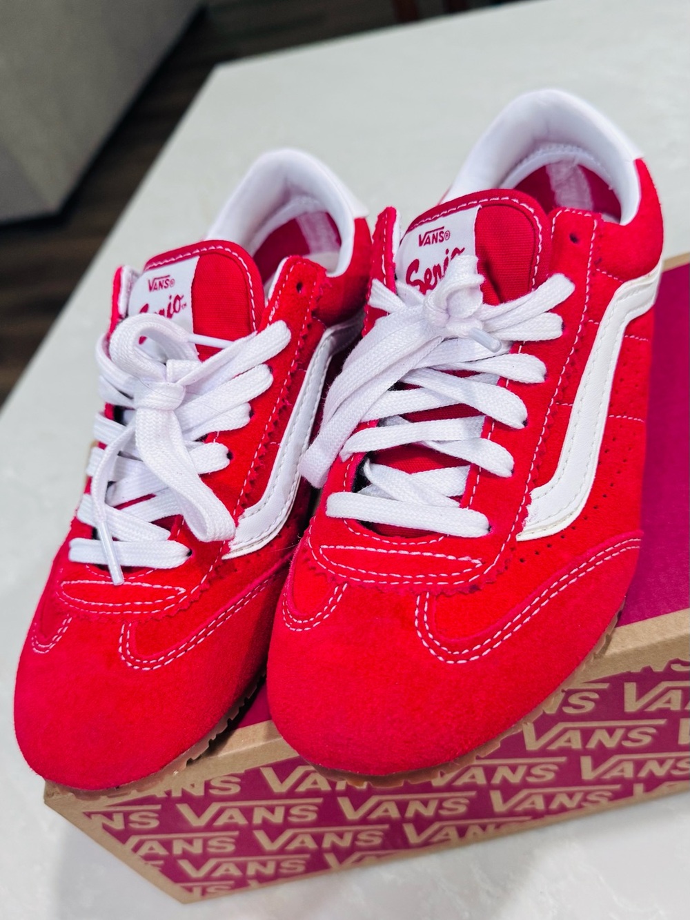 Vans Kids Red Suede Sneakers with White Stripe - Picture 4 of 7